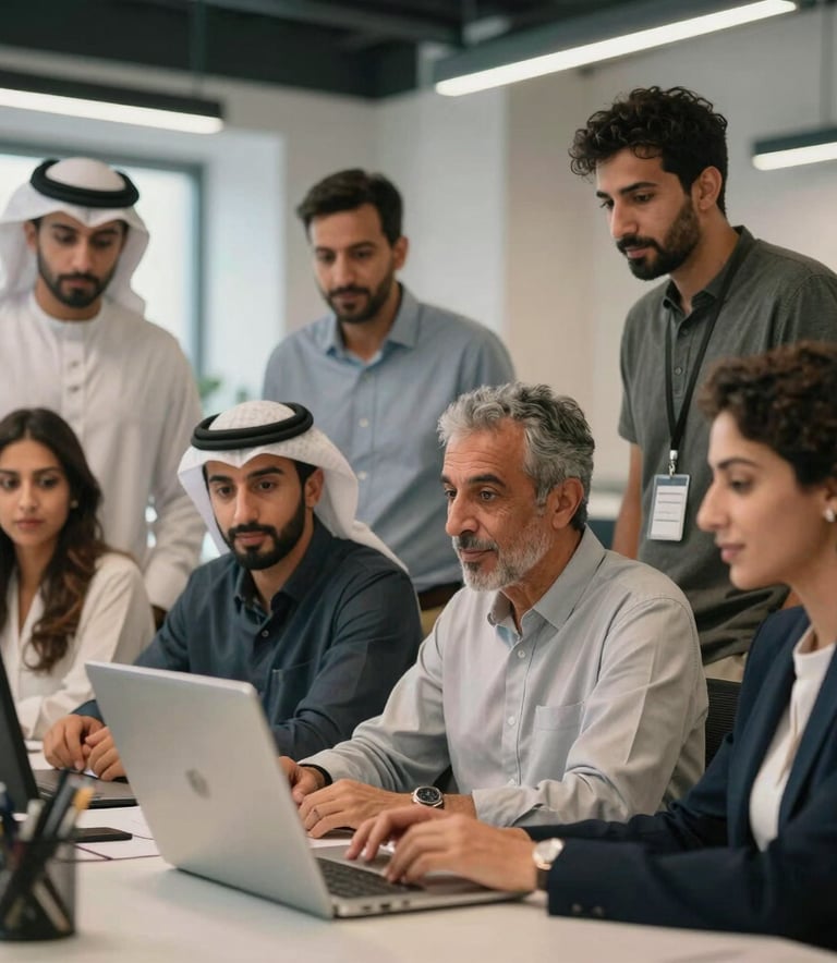 A group of professional Middle Eastern / North African men and women collaborating in a modern coworking space in Casablanca, looking inspired and enthusiastic.