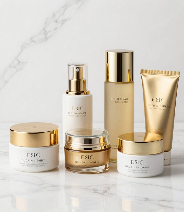 High-end health and beauty products in elegant gold and white packaging arranged on a clean white marble surface, bright soft studio lighting, professional photography.