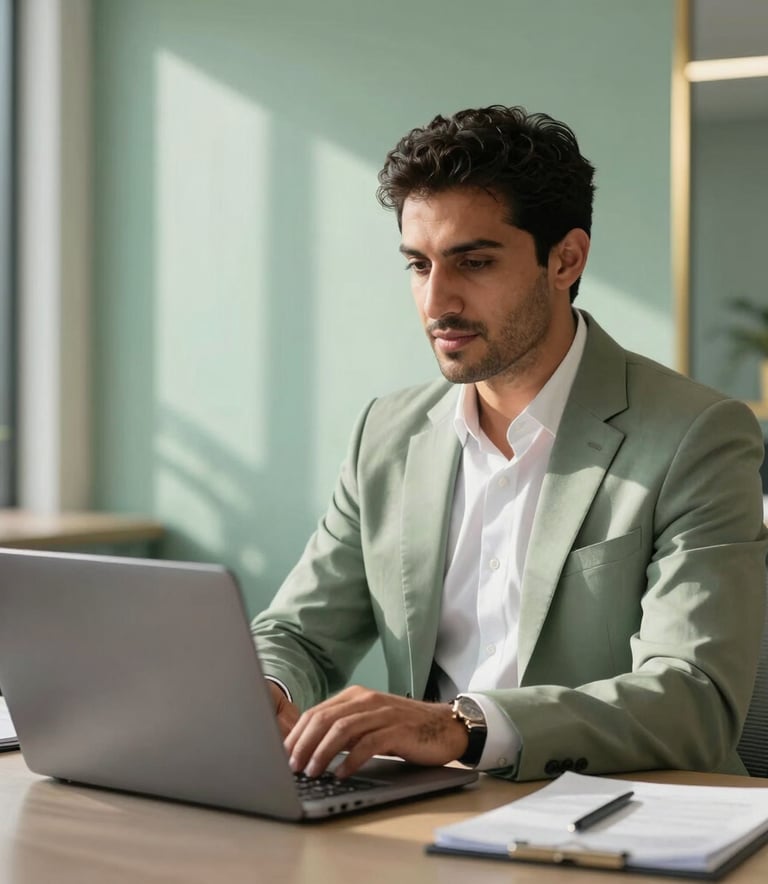 A professional Middle Eastern entrepreneur in a modern, sun-lit office in Casablanca, wearing elegant attire, looking confidently at a laptop, with subtle sage green and gold accents in the decor.