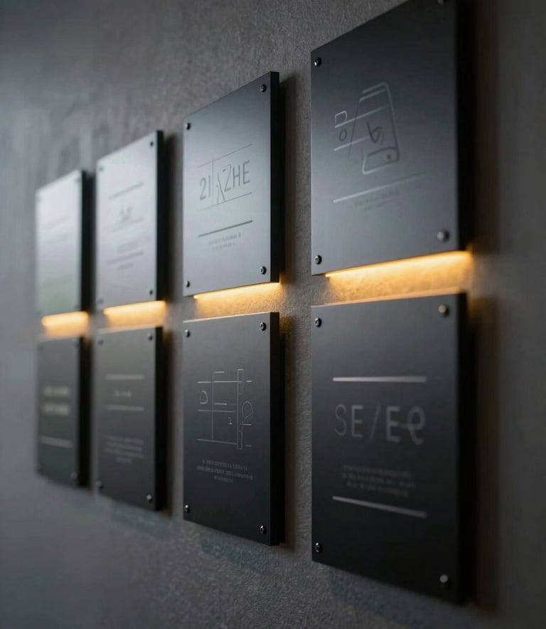 Photography of several sleek, black metallic plaques mounted on a dark charcoal wall, each subtly caught by a sliver of neon yellow light. Minimalist and high-tech corporate setting.