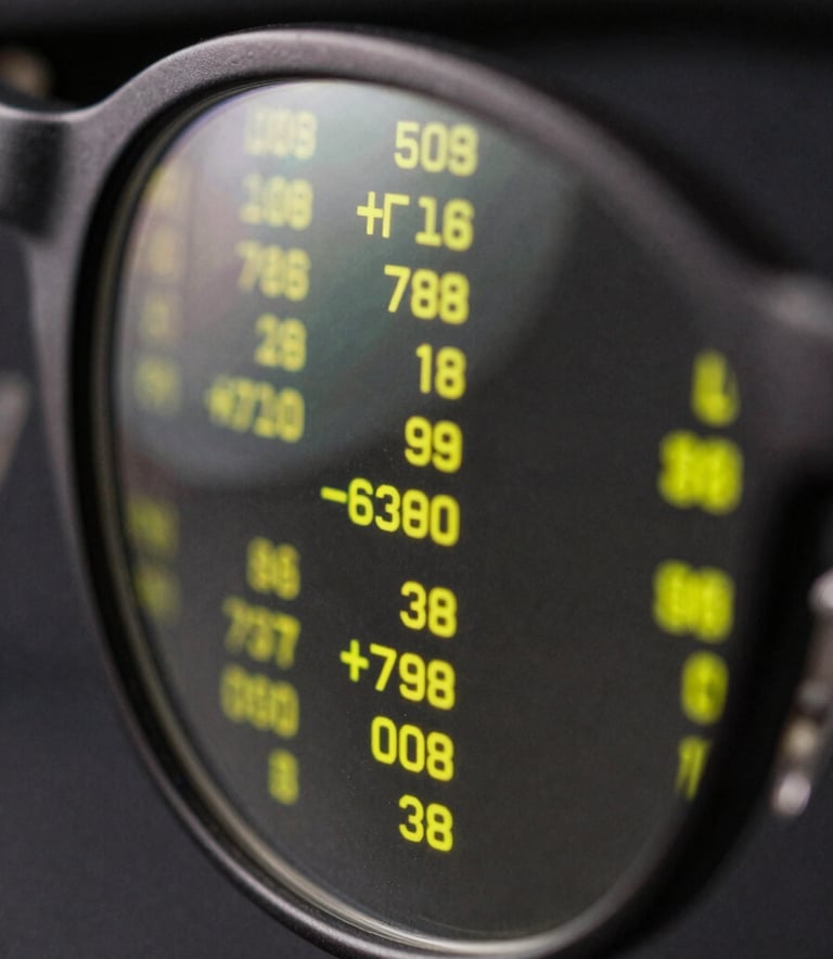 A close-up photograph of a high-tech digital interface reflected in a dark, polished eye-glass lens. The reflection shows sharp neon yellow data patterns against a pitch-black background.