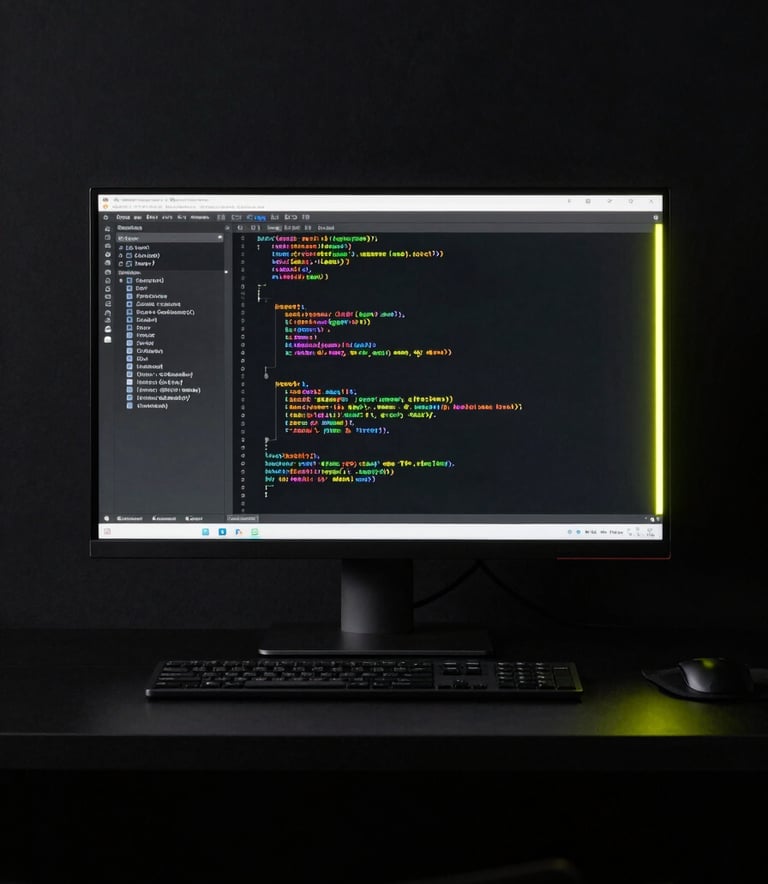 High-end photography of a minimalist, high-tech workstation in a deep black room. A sleek monitor displays abstract code, illuminated by a vibrant neon yellow glow from an unseen light source. The mood is precise and modern.