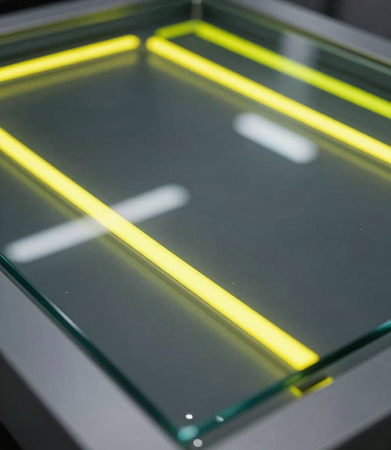 A close-up, sharp-focus shot of a futuristic glass interface. Reflections of vibrant neon yellow light streak across the charcoal grey surface. The composition is sleek and high-tech, emphasizing innovation.
