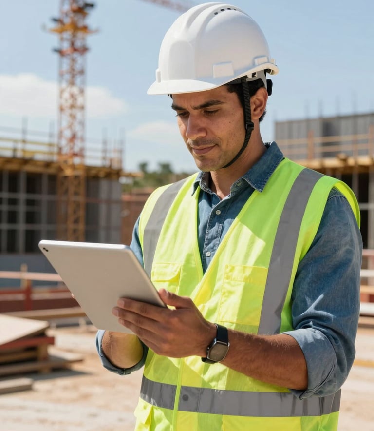 A professional South American engineer wearing a white hard hat and safety vest, standing on a sunny Brazilian construction site, reviewing a digital tablet with a focused and confident expression.
