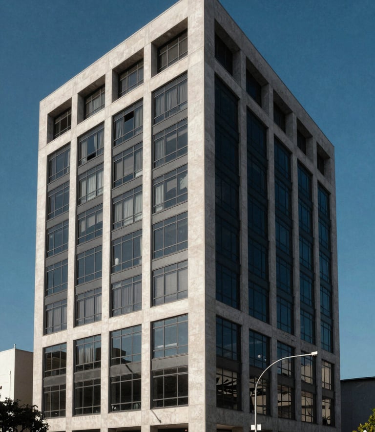 Architectural photography of a modern commercial building facade in a South American urban center, featuring clean geometric lines of glass and concrete under a clear Prussian Blue sky.