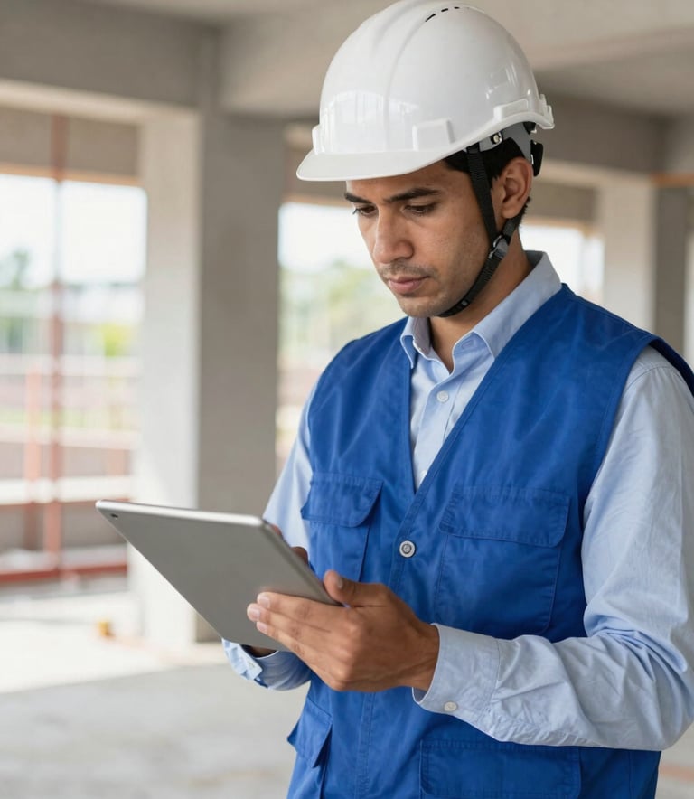 A professional South American engineer wearing a white safety helmet and a Prussian Blue vest, holding a digital tablet and inspecting a clean construction site. Bright, modern lighting reflecting credibility and technology.