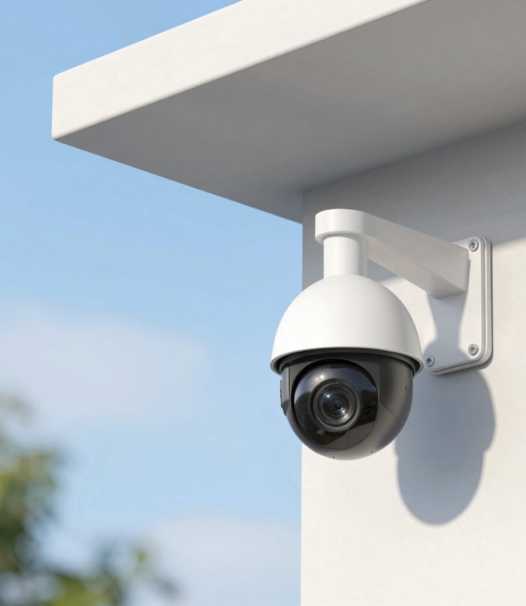 A sleek smart camera mounted on a modern tripod with a blurred cityscape background at dusk.