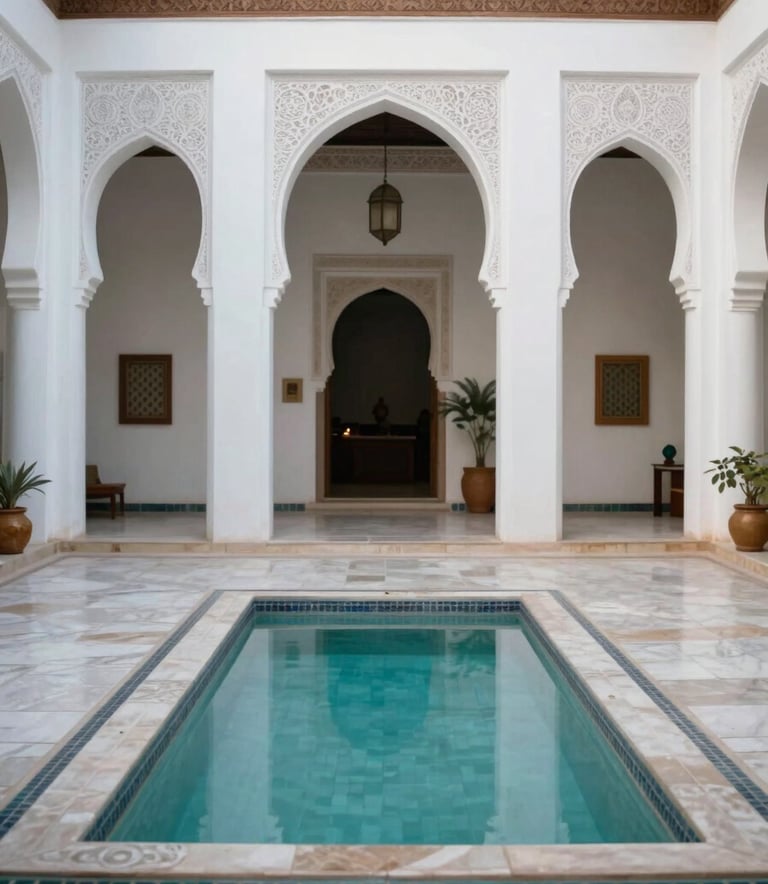 Deep focus photography of a luxury Riad interior in Marrakech, showcasing a spotless and pristine courtyard with a central pool. The color palette includes mist white walls and soft sage decorative elements. The lighting is soft morning sun, creating a sophisticated and professional atmosphere.