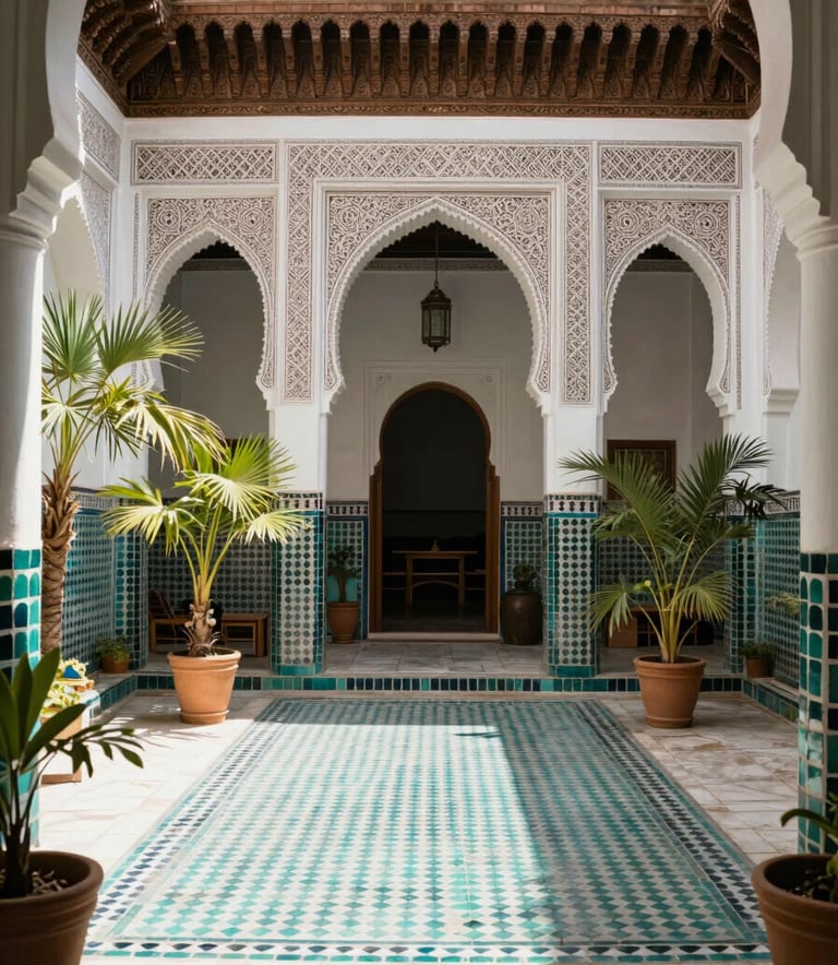 A photograph of an elegant Riad courtyard in Marrakech, featuring intricate tilework in Soft Sage and Dark Teal. The courtyard is lush with plants and spotlessly clean, symbolizing a pest-free premium hospitality environment. Bright, natural daylight.