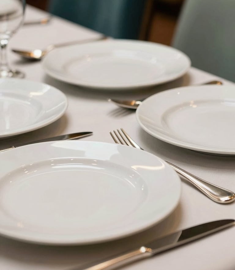 A close-up photograph of a set of pristine white dinner plates and polished silverware in a high-end Marrakech restaurant. The lighting is soft and warm, highlighting the cleanliness and professionalism. Subtle hints of Dark Teal and Soft Sage appear in the background decor.