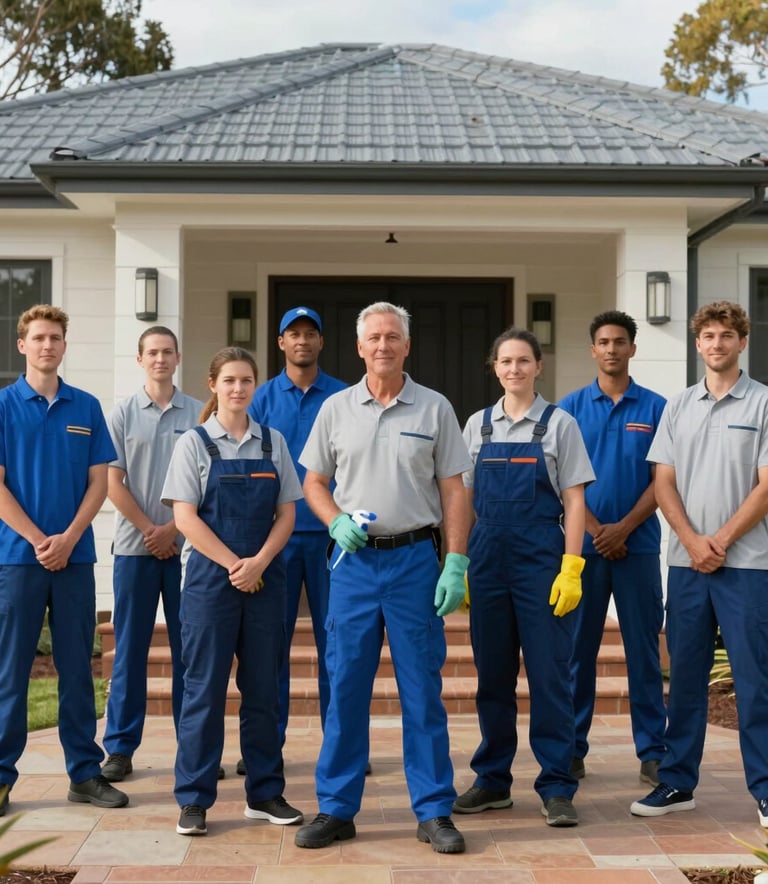 A wide-angle shot of a professional cleaning team standing together in a modern, sun-drenched Australian house in Adelaide. They wear professional blue and light gray uniforms in a clean, trustworthy setting.