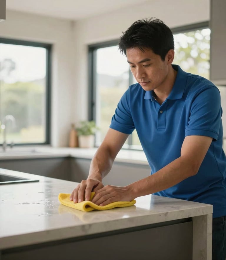A professional cleaner in a blue polo shirt meticulously wiping down a kitchen bench in a modern Australian home, soft natural light through large windows.
