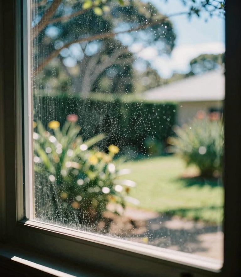 A close-up photograph of a sparkling clean window reflecting a bright, sunny Australian garden, showing meticulous detail and clarity.