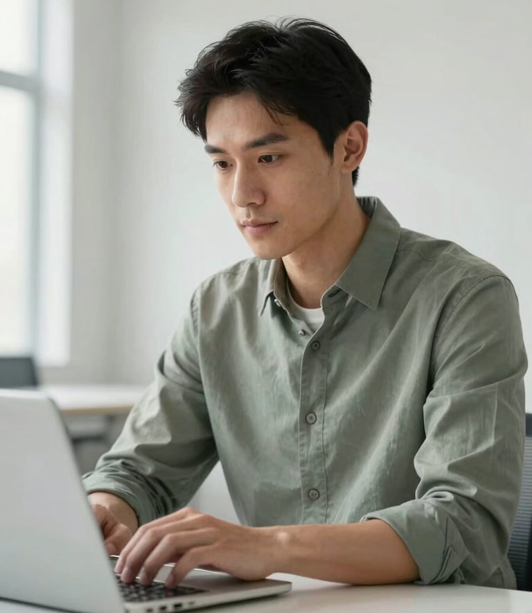 A professional man in a muted sage green shirt looking confidently at a laptop screen in a modern, bright office. The background features clean lines and soft off-white walls, conveying a sense of expert guidance and reliability.
