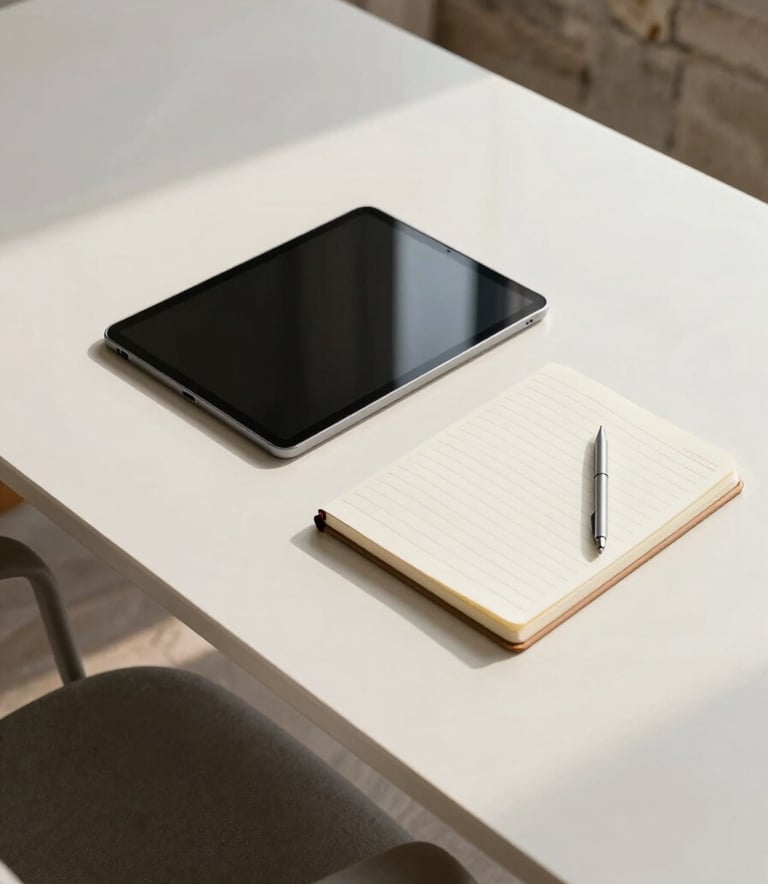 A high-angle, professional photograph of a clean, minimalist desk with a tablet and a notebook. The desk is soft off-white, and the room has warm stone grey accents. The lighting is bright and natural, reflecting a strategic and organized working environment.