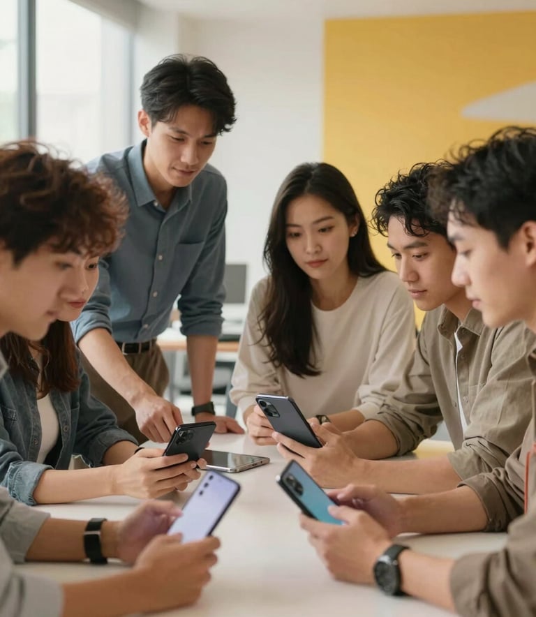 A diverse team of tech professionals in a modern North American office collaborating around a table with high-end mobile devices and tablets, soft natural lighting, cream and yellow accents in the background.