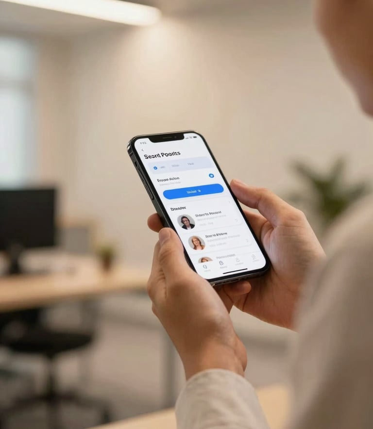Photography of a professional tech expert in a sleek North American / US office, holding a modern smartphone and reviewing an app interface. The lighting is warm and professional, using a palette of sandy yellow and off-white to create an innovative atmosphere.