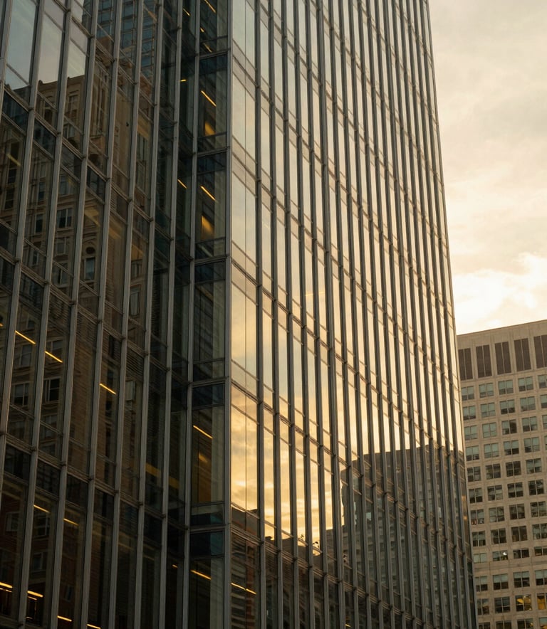 The exterior of a contemporary, high-tech glass building in a prominent US business district during the golden hour, reflecting a warm yellow sky and symbolizing innovation and professional growth.