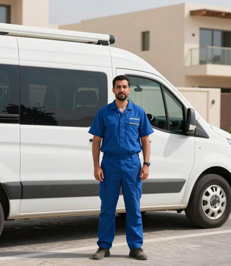 A professional technician in a clean blue uniform standing beside a service van in the modern residential area of Cedre Villas, Dubai, Middle Eastern / Gulf, bright daylight.