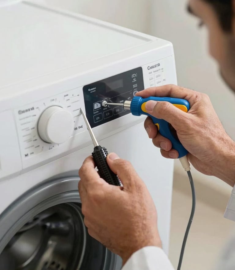 Close-up of a professional technician's hands using diagnostic tools on a modern washing machine control panel, clean setting, Middle Eastern / Gulf.