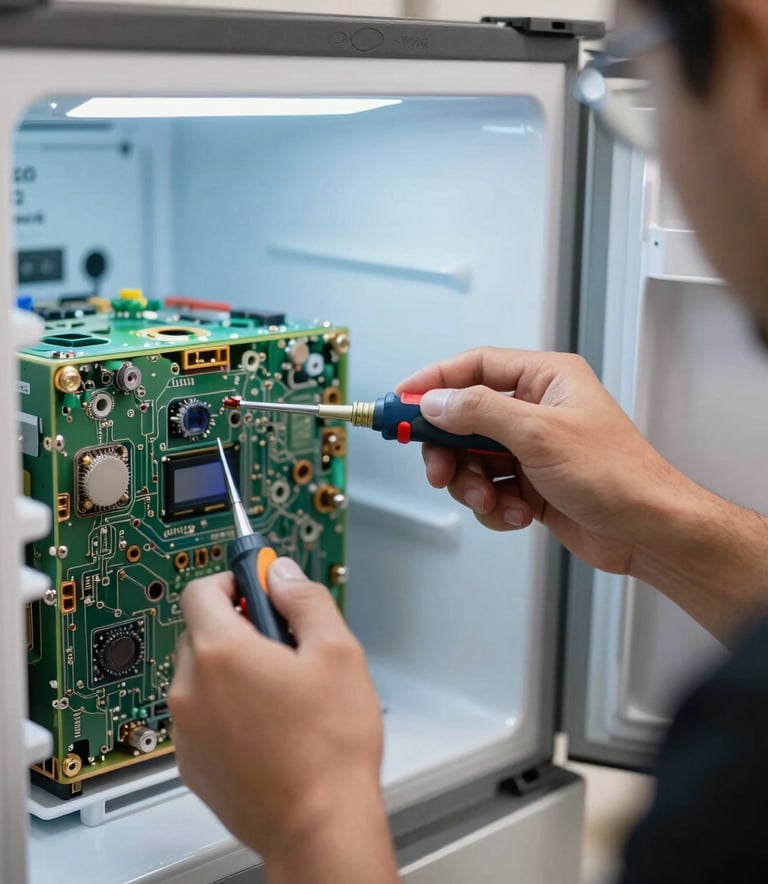 A close-up photograph of a skilled technician's hands using professional electronic testing tools on the internal circuits of a high-end refrigerator. The setting is a bright, modern Middle Eastern kitchen with soft blue and white lighting, emphasizing precision and expertise.