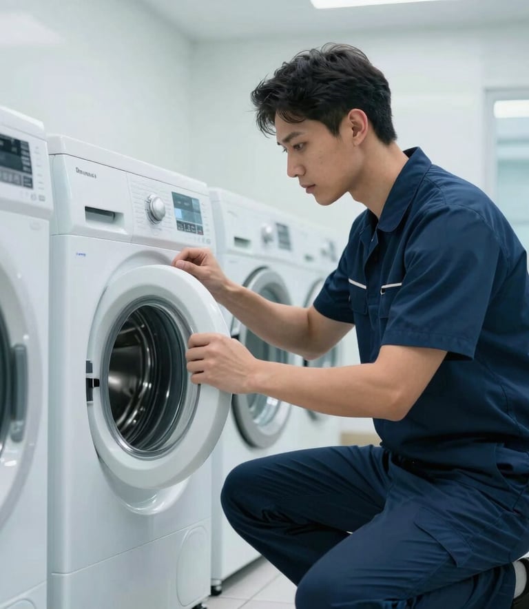 A professional technician in a clean uniform inspecting a modern washing machine in a bright, well-lit Dubai laundry room. The scene is clean, efficient, and emphasizes trust, featuring soft navy and light blue tones.