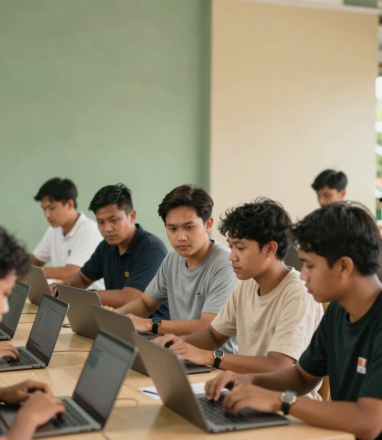 A group of young Southeast Asian / Indonesian people in a modern agricultural training center, looking at laptops and discussing farming strategies, natural light, walls in sage green and tan colors, professional and energetic atmosphere.