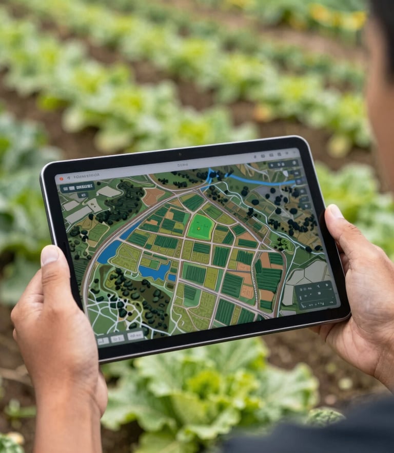 Close up of a Southeast Asian / Indonesian professional's hands holding a digital tablet displaying a 3D topographic farm map, background of organic vegetable fields in soft focus, bright natural lighting.