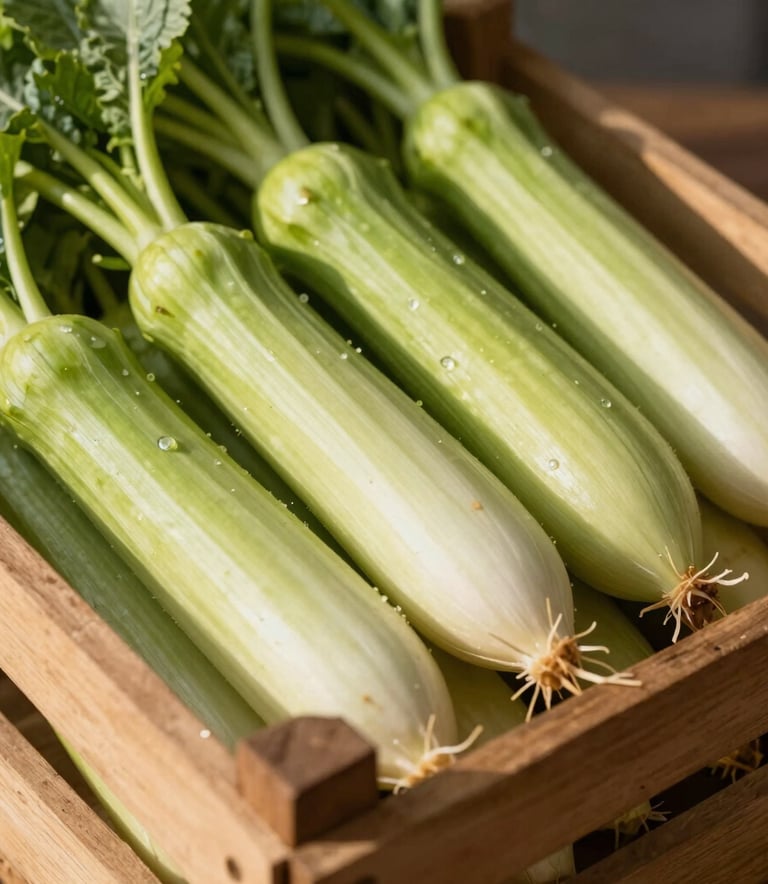 Close-up of freshly harvested organic vegetables in a wooden crate, warm sunlight, modern clean aesthetic, Southeast Asian / Indonesian setting, highlighting Tan and Light Green colors.