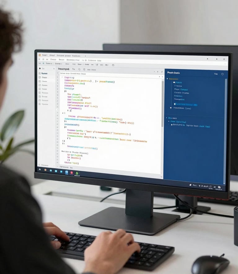 A professional software developer working in a clean, minimalist North American / US tech studio, with a focus on a high-resolution monitor displaying code in Pearl White and Steel Blue.