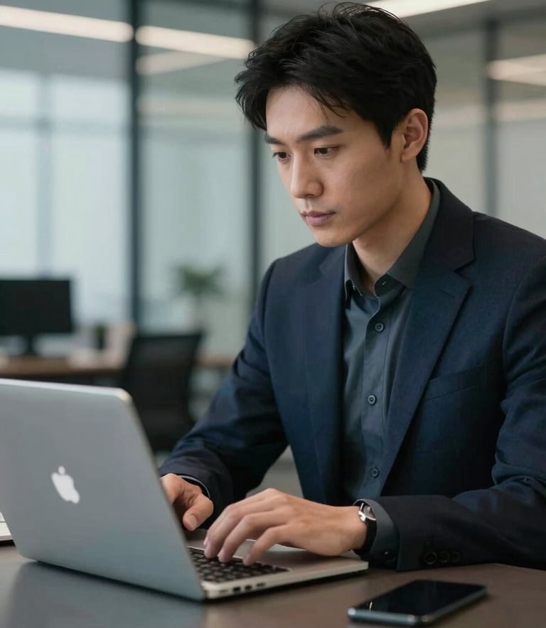 A professional in a modern North American / US office looking at a sleek laptop screen. The environment is airy and sophisticated with a color palette of deep charcoal navy and muted silver-blue, emphasizing innovation and focus.