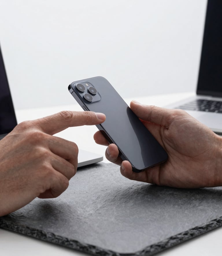 A close-up of a developer's hands interacting with a high-end smartphone in a minimalist North American / US tech studio. The workspace is clean, featuring slate grey surfaces and soft mist white lighting, reflecting a professional atmosphere.