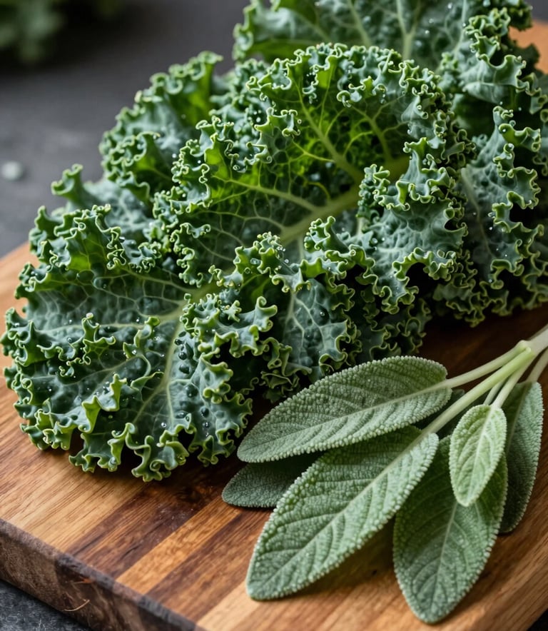 A close-up photograph of fresh, vibrant vegetables including kale and herbs on a wooden cutting board. The lighting is professional and crisp, highlighting the Forest Moss and Sage Leaf greens of the produce.