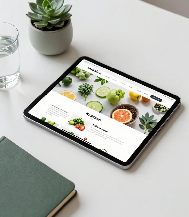 A minimalist, clean workspace featuring a modern tablet displaying a nutrition-themed website layout. The scene includes a glass of water, a small succulent in a soft sage pot, and a dark slate green notebook, all under bright, natural light.