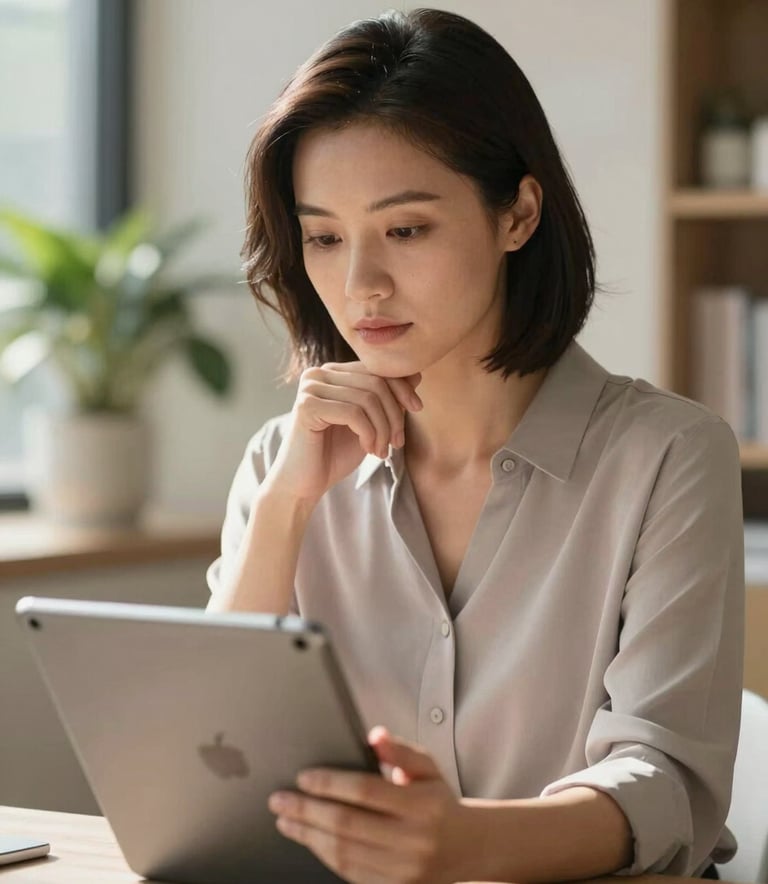 A professional woman in her early 30s, dressed in a Soft Mist colored blouse, looking thoughtfully at a tablet screen. She is in a sunlit room that feels like a modern wellness clinic.