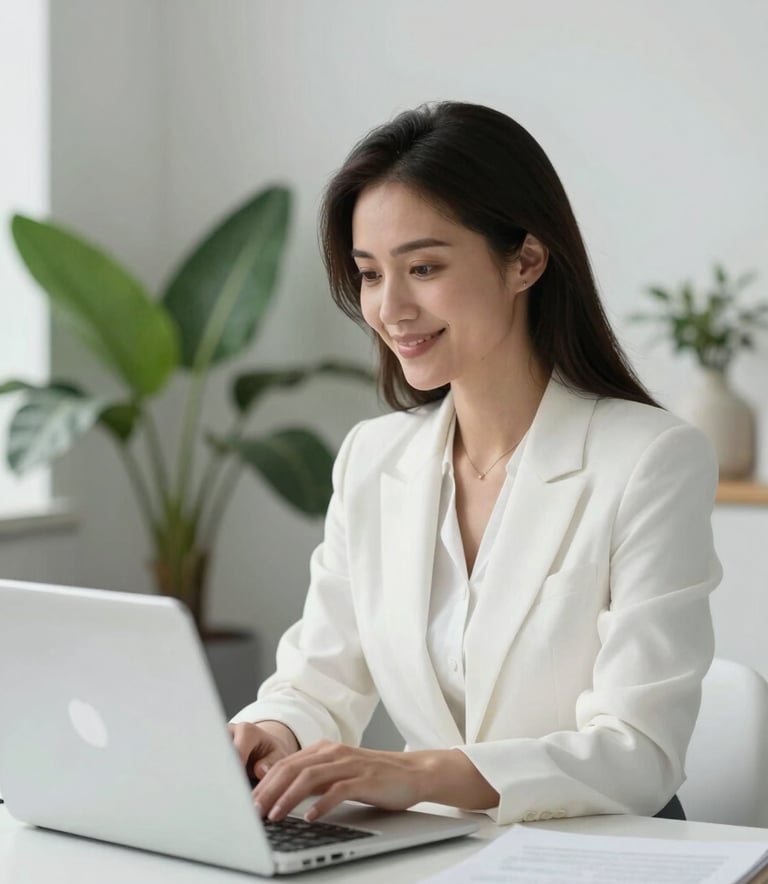 A professional woman in a mist white office setting, smiling as she works on a laptop. The room is decorated with subtle soft sage accents and indoor plants, conveying a calm and professional atmosphere.