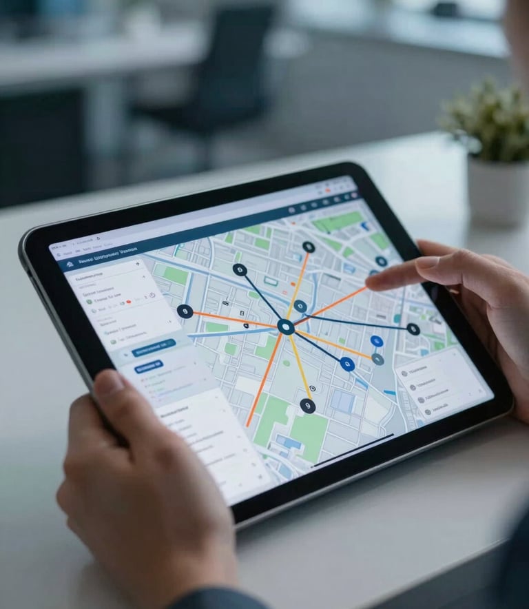 A close-up of a digital tablet showing network maps in a high-tech office environment, professional hands visible, North American corporate setting, soft blue lighting.