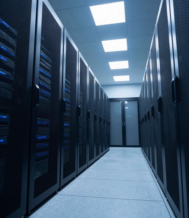 A low-angle, wide shot of a futuristic North American data center hallway with rows of servers. The atmosphere is professional and clean, with cool sky blue and medium navy lighting reflecting off the metallic surfaces.