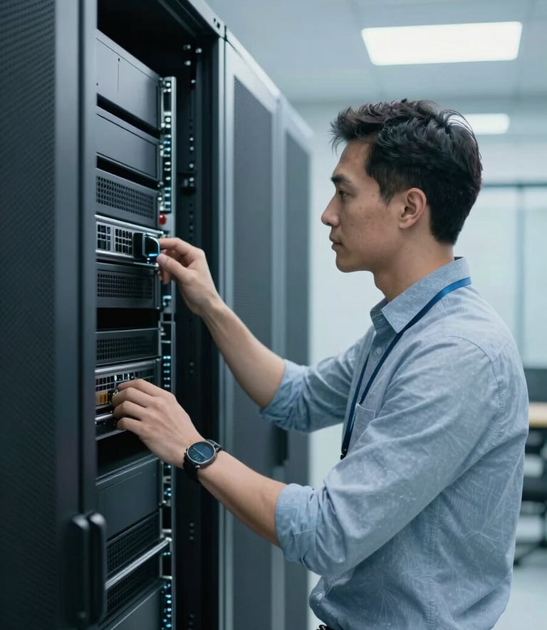 A professional IT expert in a collared shirt inspecting a sleek server rack in a bright North American data center, cool lighting with blue tones, professional atmosphere, minimalist composition.