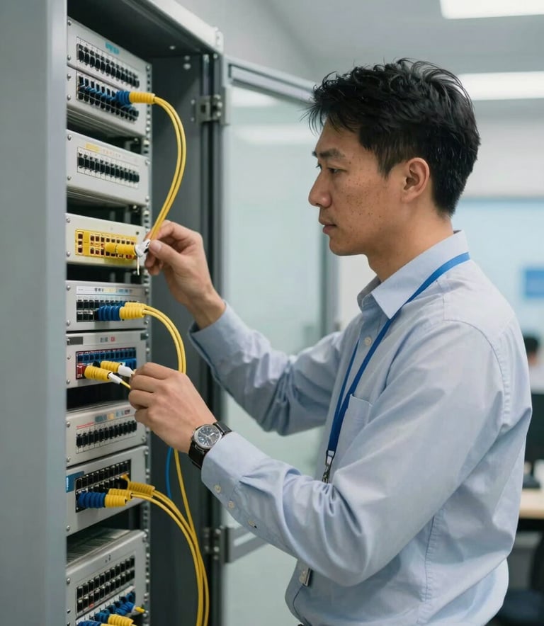 A professional North American technical engineer in business-casual attire working on a high-speed fiber optic patch panel. The composition is a medium shot with soft, natural daylight and sky blue accents.
