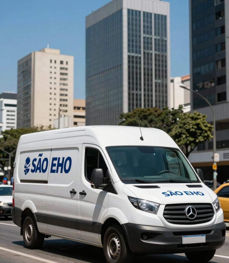 A clean white delivery van with professional markings driving through an upscale business district in São Paulo, clear blue sky, dynamic street-level photography.