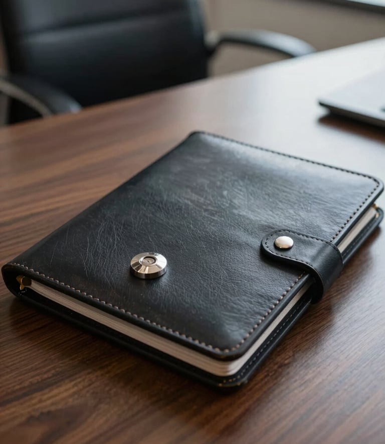 A close-up photograph of a secure, professional leather document pouch with a metallic security seal, resting on a polished dark wood desk in a South American corporate office, lighting is sharp and professional.