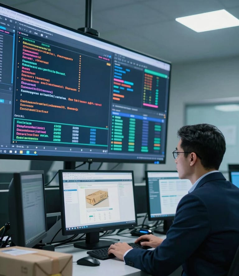 A high-tech logistics monitoring center with soft blue lighting. A professional in business attire observes logistics data on large screens, focusing on security and tracking of specialized mail. Brazilian corporate setting.