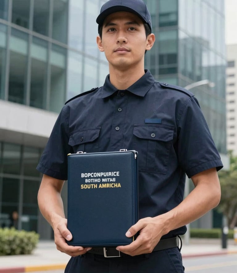 A professional courier in a clean, dark navy uniform holding a high-security document case in front of a modern South American corporate glass building. Professional lighting, focused composition, conveying reliability and specialized courier services.