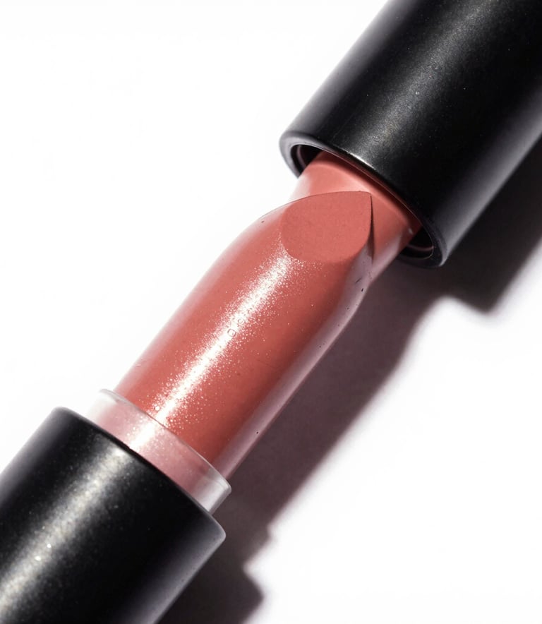 Clean image of lipstick and blush with soft lighting on a white background