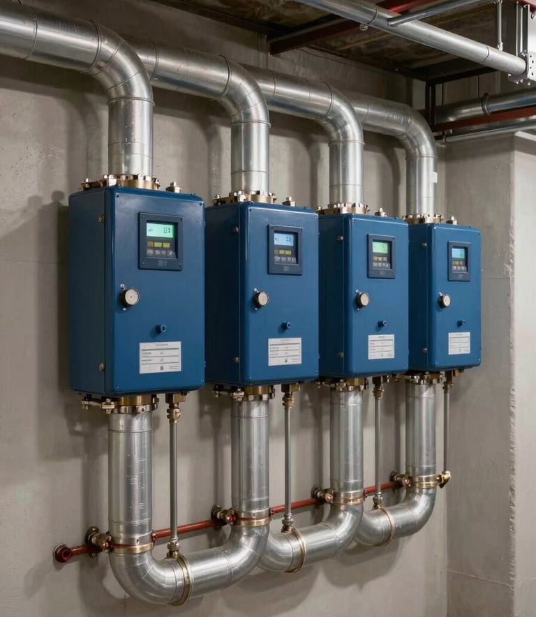 High-quality photograph of a modern indoor furnace and ventilation system in a clean North American / US basement. Metallic Silver Cloud pipes and Deep Sea Blue control panels contrast against professional task lighting.