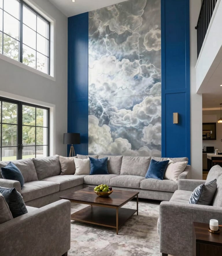 Wide shot of an elegant, climate-controlled living room in a North American / US home with high ceilings. The interior features Silver Cloud walls and Royal Blue decor accents, illuminated by soft natural light.