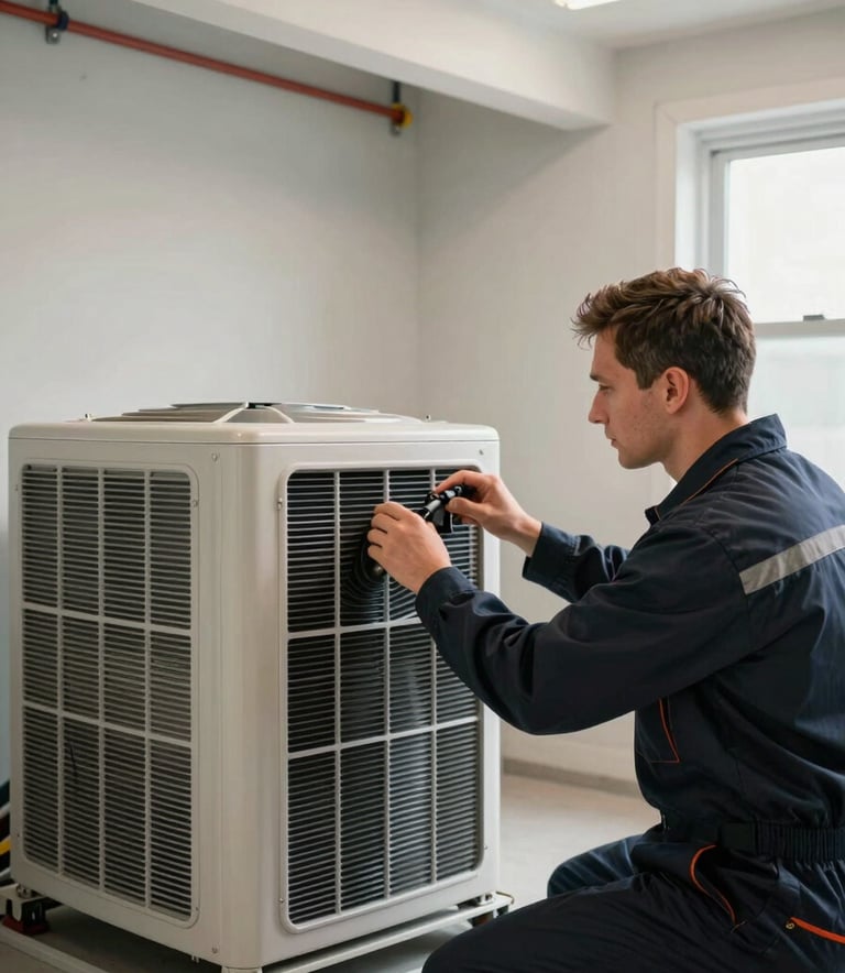 A professional HVAC technician in a dark navy uniform inspecting an indoor air handling unit in a modern North American / US home basement. The scene is well-lit and organized, conveying a sense of expertise and modern efficiency.