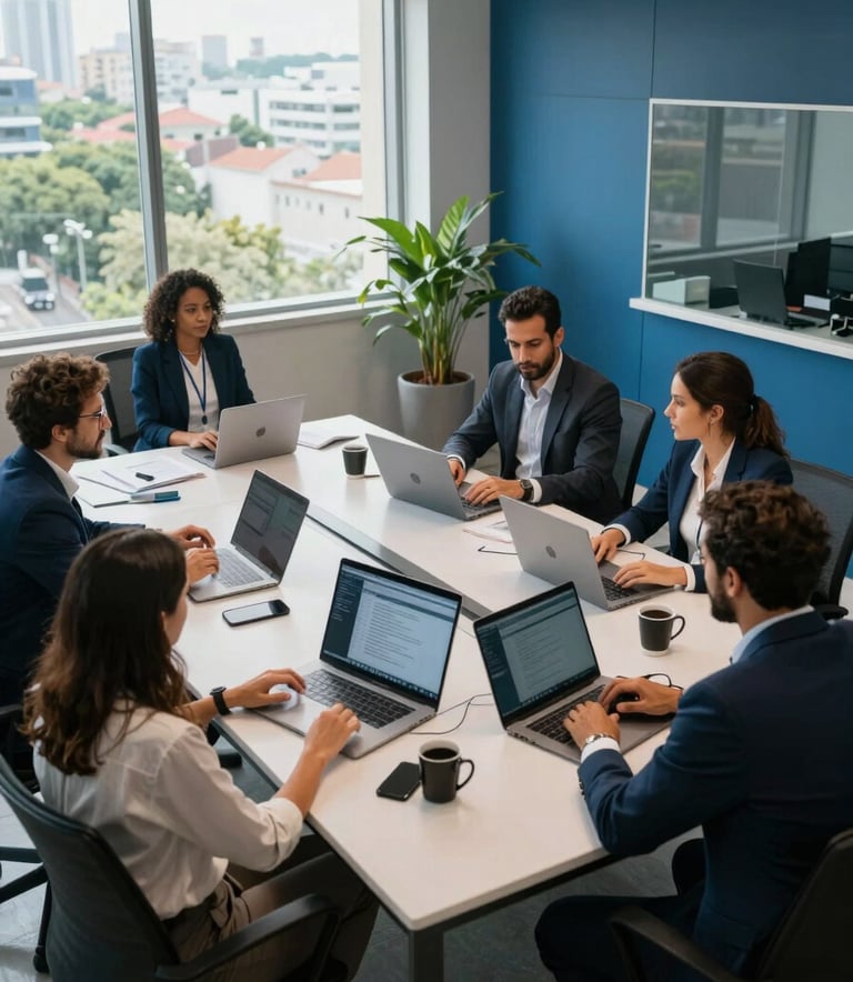 A high-angle professional shot of a modern corporate office in Brazil, where South American professionals are collaborating at a large shared desk, soft natural light through large windows, Alice Blue and Steel Blue decor accents.