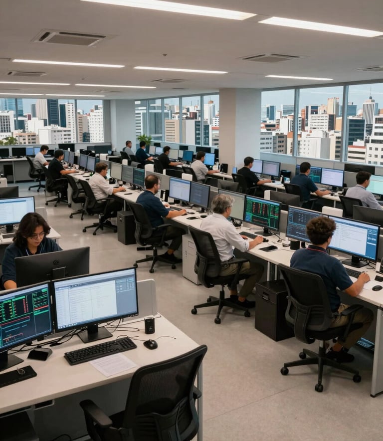 A wide-angle interior shot of a high-tech communication center in a bustling South American / Brazilian city. The scene features rows of organized workstations with ergonomic chairs, large monitors showing data trends, and a professional, quiet atmosphere.